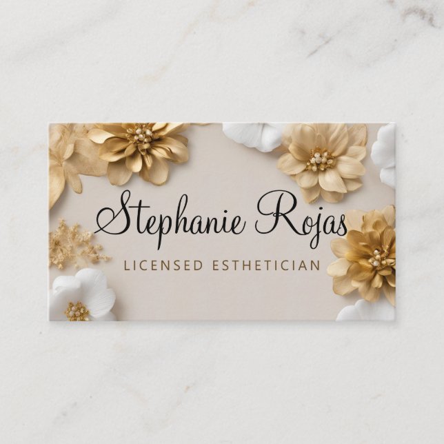Aesthetic gold + white flower business card (Front)