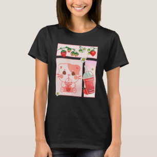 Aesthetic Harajuku Cute Cat Drink Strawberry Boba  T-Shirt