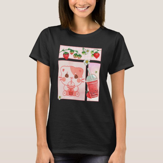 Aesthetic Harajuku Cute Cat Drink Strawberry Boba  T-Shirt (Front)