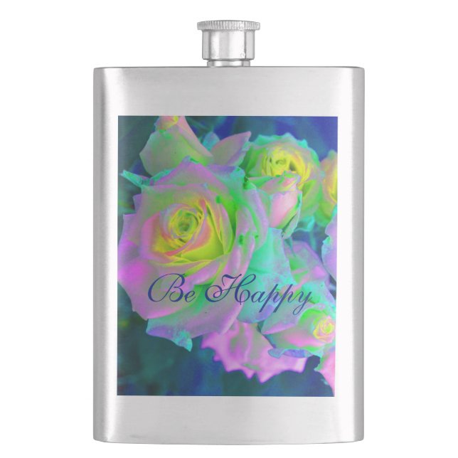  Aesthetic Iridescent Pearly Roses Be Happy Hip Flask (Front)