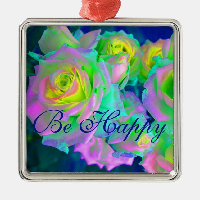  Aesthetic Iridescent Pearly Roses Be Happy Metal Ornament (Front)