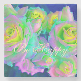 Aesthetic Iridescent Pearly Roses Be Happy Stone Coaster