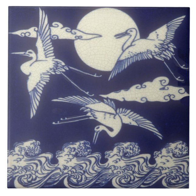 Aesthetic Japanese Antique Repro Tile 3 Cranes (Front)
