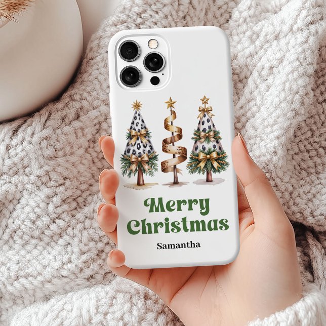 Aesthetic leopard Christmas trees personalised   Case-Mate iPhone Case (Aesthetic leopard Christmas trees personalized phone case)