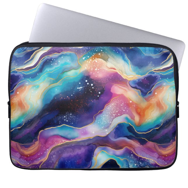 Aesthetic modern colourful rainbow agate glitter laptop sleeve (Front)