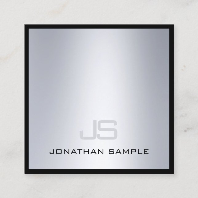 Aesthetic Monogrammed Silver Look Modern Luxury Square Business Card (Front)