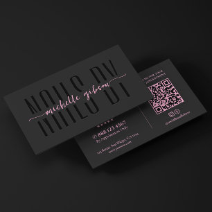 Aesthetic Nail Technician Black Pink Monogram QR Business Card
