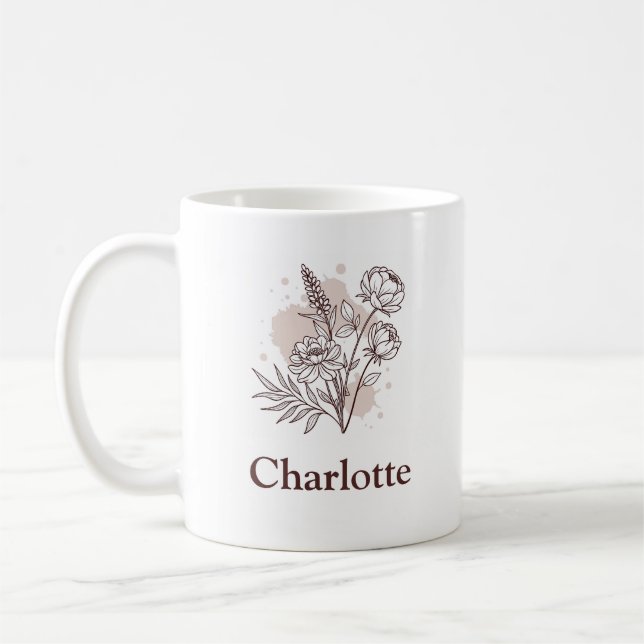 Aesthetic Natural Flowers Pinkish Brown Name Coffee Mug (Left)