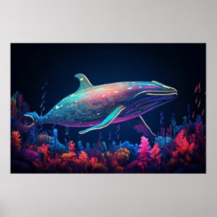Aesthetic neon whale illustration  poster