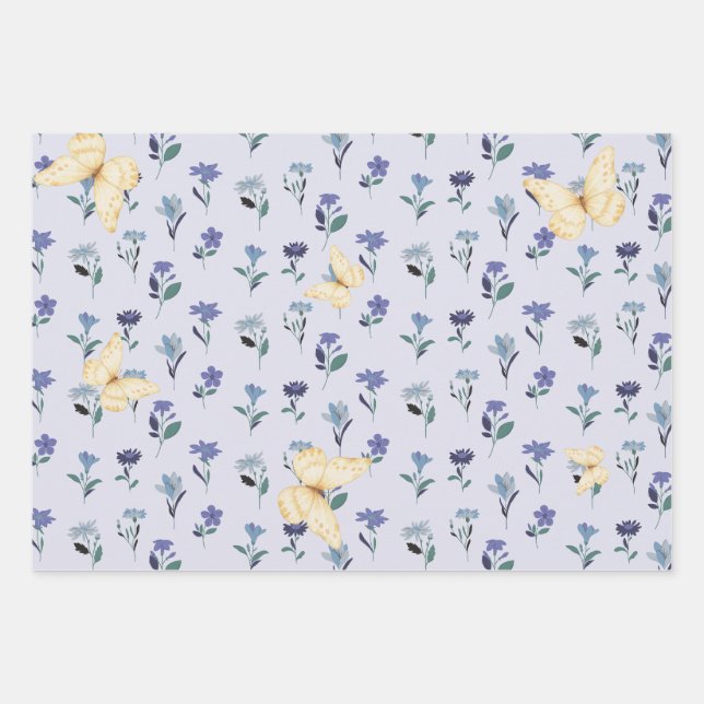 Aesthetic Pastel Butterfly and Wildflower Pattern  Wrapping Paper Sheet (Front)