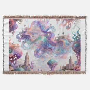 Aesthetic Pastel Fantasy City Ethereal Swirl Art Throw Blanket