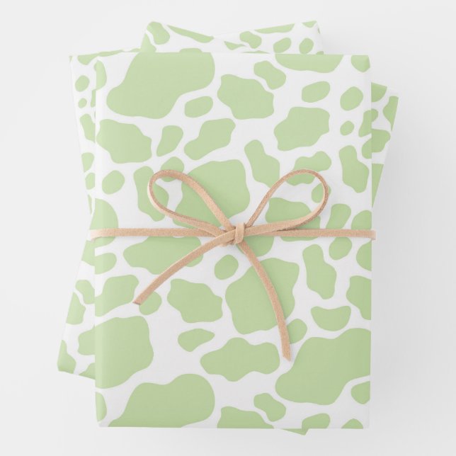 Aesthetic Pastel Green Cow Print Pattern Wrapping Paper Sheet (In situ)