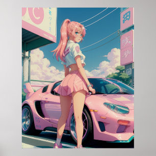 Aesthetic Pastel Pink Anime Girl Drifter  Poster