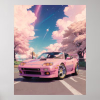 Aesthetic Pastel Pink Car Drifting in Tokyo during