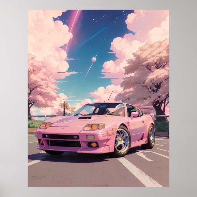 Aesthetic Pastel Pink Car Drifting in Tokyo during Poster (Front)