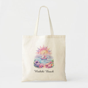 Aesthetic Pink Beach Sailboat Watercolor Sunset Tote Bag