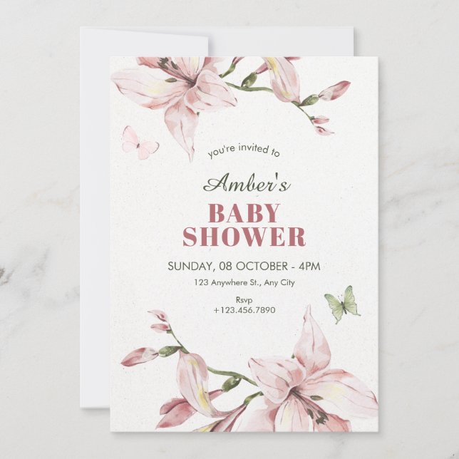 Aesthetic pink flower bloom baby shower invitation (Front)