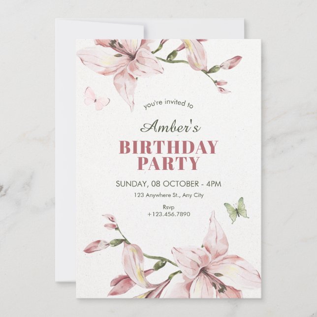Aesthetic pink flower bloom birthday invitation (Front)