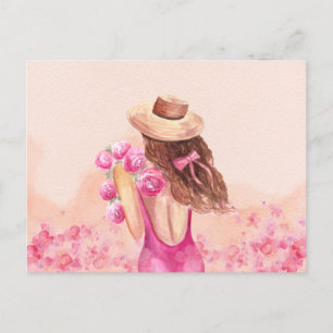 Aesthetic Pink flower bouquet girl Postcard