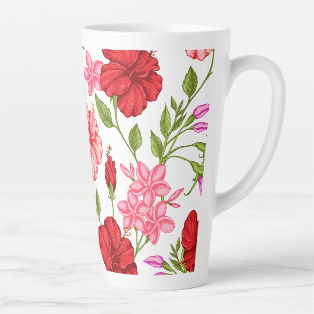 Aesthetic Pink Hibiscus Floral Pattern Latte Mug (Right)