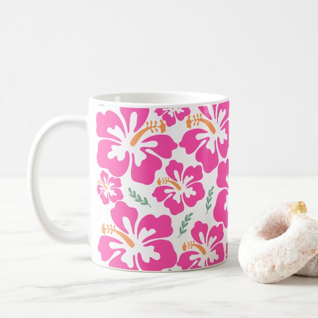 Aesthetic pink hibiscus repeating pattern coffee mug (With Donut)