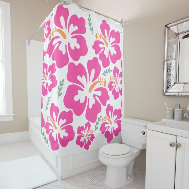 Aesthetic pink hibiscus repeating pattern shower curtain (In Situ)
