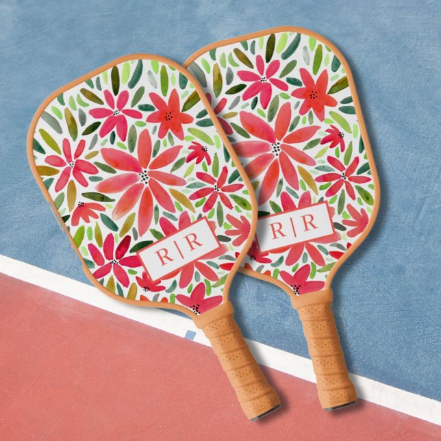 Aesthetic Pretty Monogram Initial Red Florals  Pickleball Paddle (Creator Uploaded)