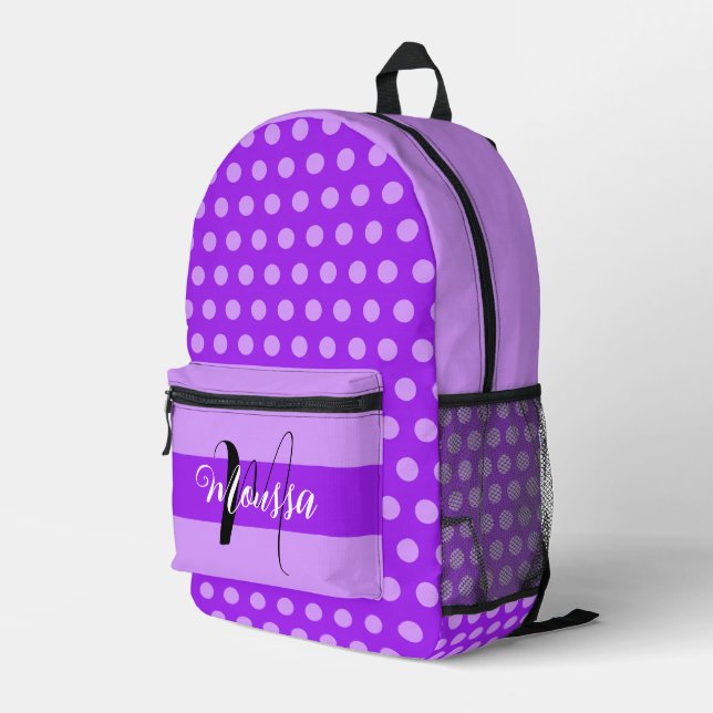 Aesthetic Purple Colour - Pretty Name Monogram Printed Backpack (Back Corner Right)