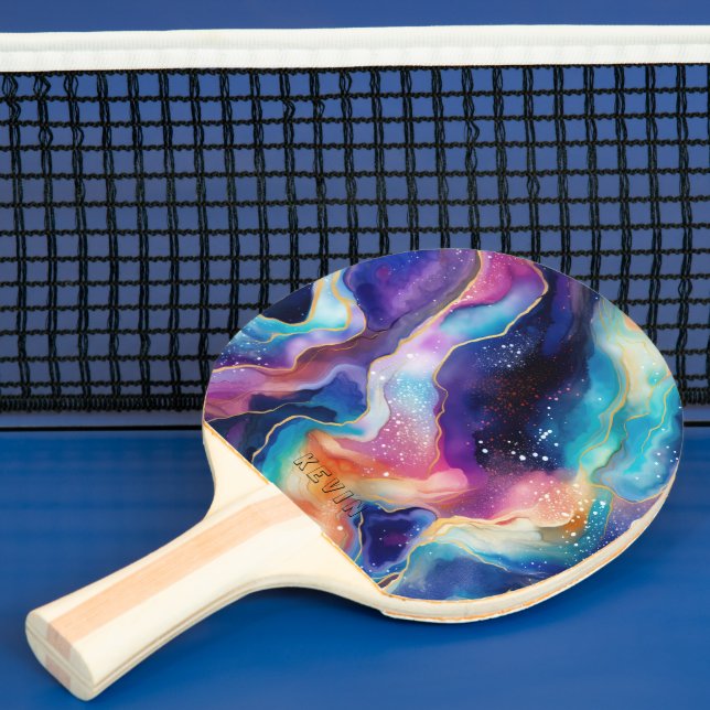 Aesthetic rainbow glitter agate pattern monogram ping pong paddle (Insitu)
