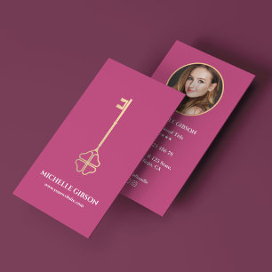 Aesthetic Realtor Gold Key Photo Rose Pink Business Card