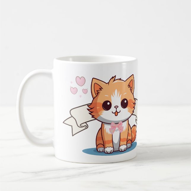 Aesthetic Ribbon Cute Orange Pink Lover Cat Coffee Mug (Left)