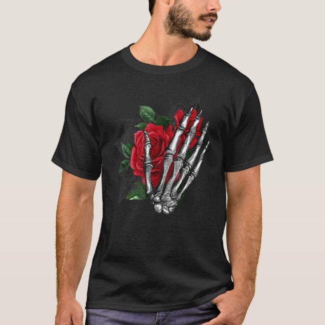 Aesthetic Rose White Skeleton Hand Holding A Red R T-Shirt (Front)