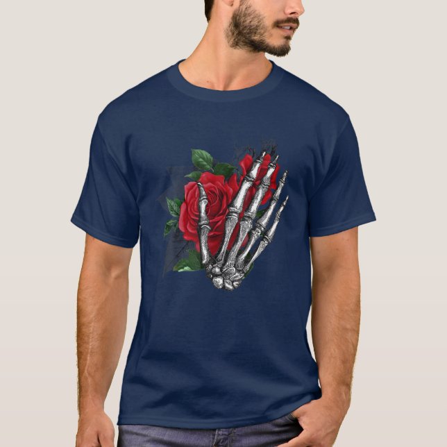 Aesthetic Rose White Skeleton Hand Holding A Red R T-Shirt (Front)