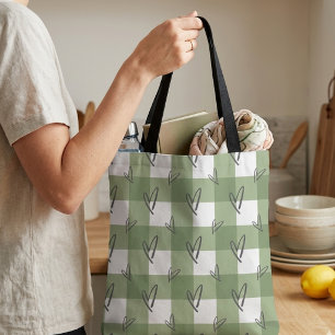 Aesthetic Sage Green Heart Gingham AOP Tote Bag