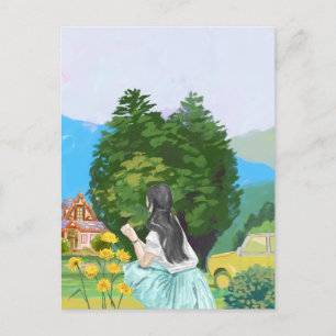 Aesthetic Scenery Girl on garden watercolor  Postcard