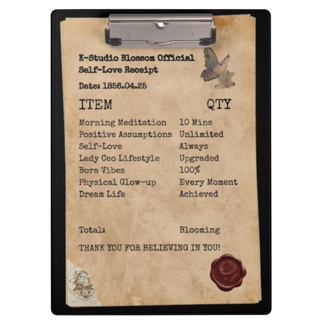 Aesthetic Self-Love Receipt Manifestation Clipboard (Front)