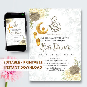 Aesthetic Soft Grey Floral Ramadan Iftar Dinner Invitation
