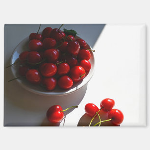 Aesthetic still life with ripe cherries on a white magnet