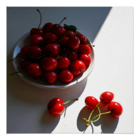 Aesthetic still life with ripe cherries on a white