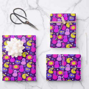 Aesthetic Trippy Psychedelic Y2K Face Daisy Wrapping Paper Sheet