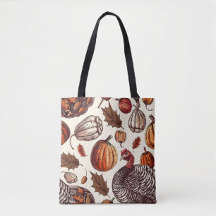 Aesthetic Turkey and Gourd Pattern Tote Bag