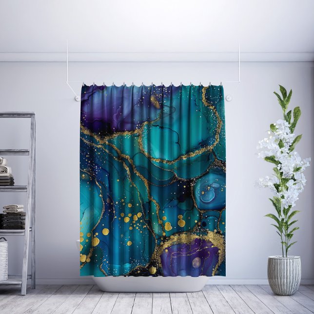 Aesthetic Turquoise & Gold Flowing Marble Shower Curtain (Creator Uploaded)