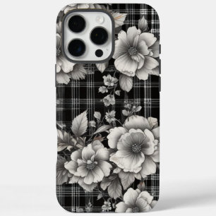 Aesthetic Vintage Monochrome Floral Plaid iPhone 16 Pro Max Case