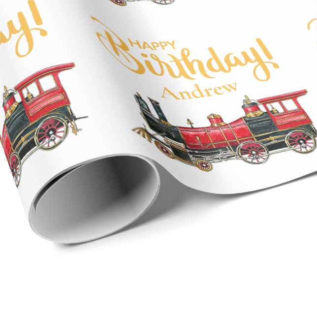 Aesthetic Vintage Train Birthday Wrapping Paper (Roll Corner)