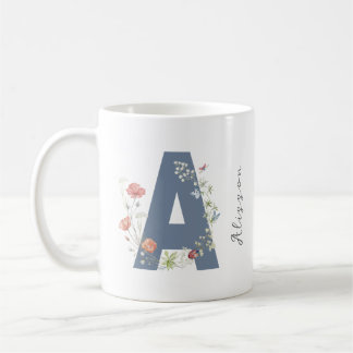 Aesthetic Watercolor Floral Letter A Monogram Coffee Mug