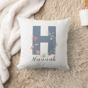 Aesthetic Watercolor Floral Letter H Monogram Cushion