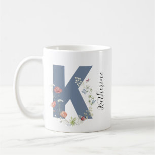 Aesthetic Watercolor Floral Letter K Monogram Coffee Mug
