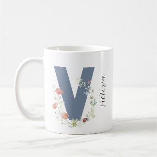 Aesthetic Watercolor Floral Letter V Monogram Coffee Mug