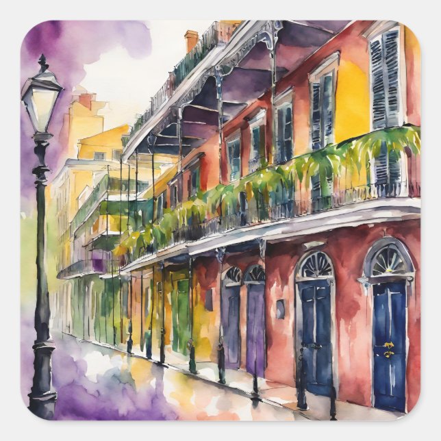 Aesthetic Watercolor Mardi Gras Bourbon Street Square Sticker (Front)