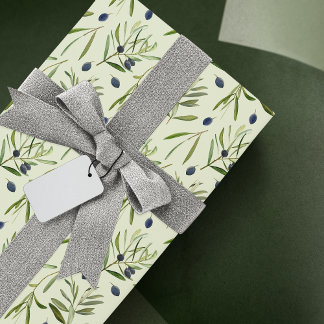 Aesthetic Watercolor Olive Branches Leaves Wrapping Paper